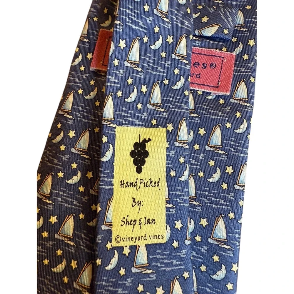 Vineyard‎ Vines Silk Necktie Sailing Boats Moons Stars Navy Blue Men's Accessory